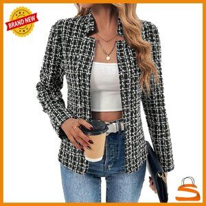 Women's Tweed Plaid Blazer Fully Lined Open Front Stand Collar